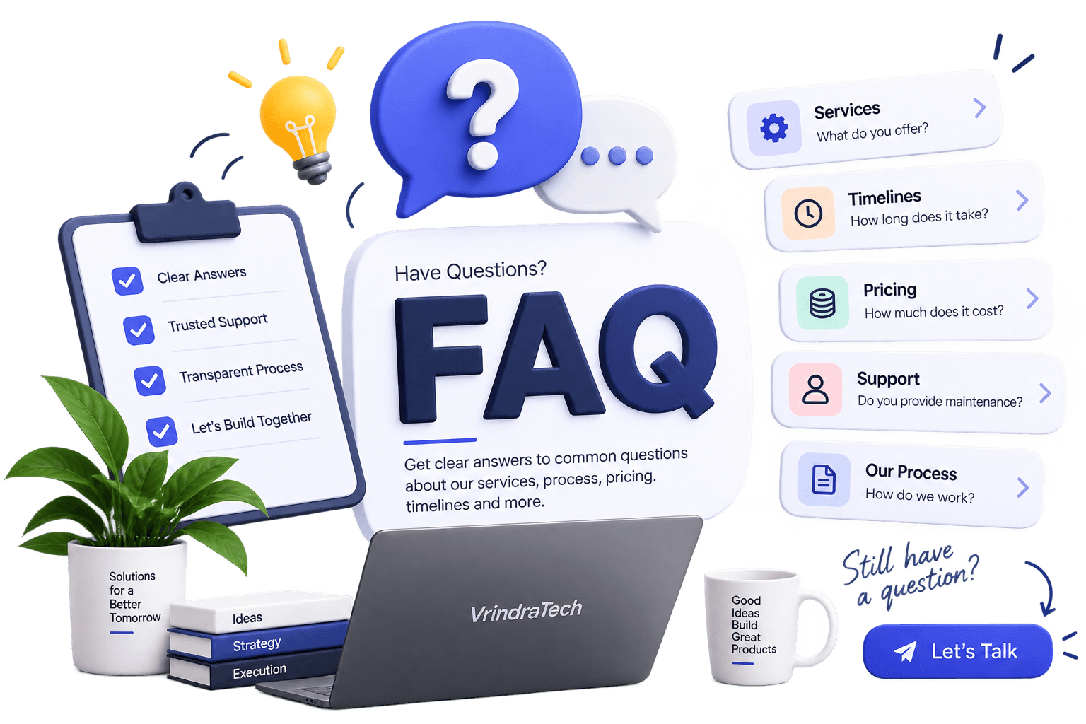 VrindraTech FAQ illustration showing common questions about services, timelines, pricing, support, and process